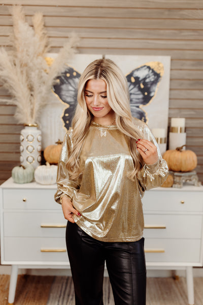 Taupe Metallic Bell Sleeve Flowy Blouse