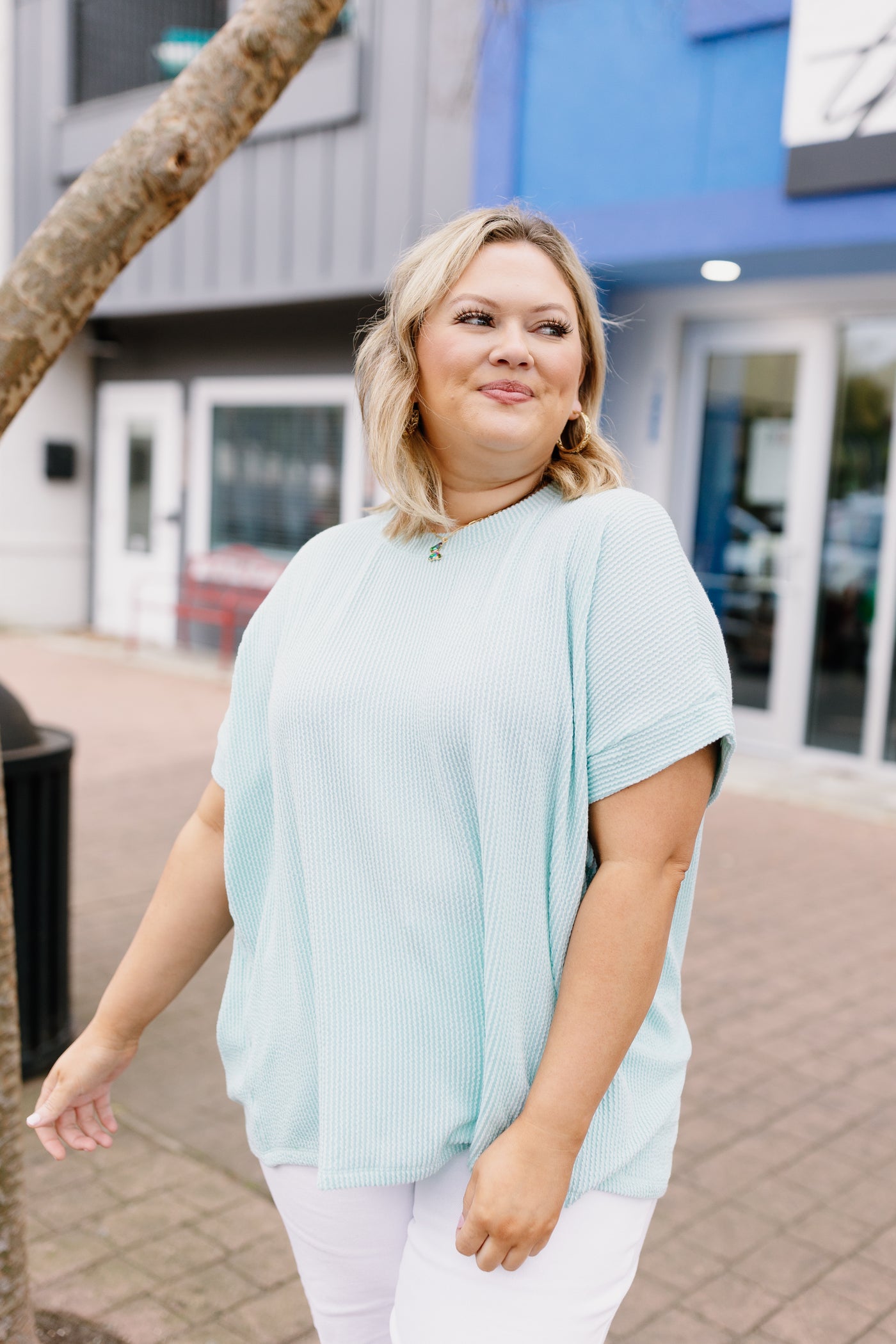 Aqua Ribbed Short Sleeve Top