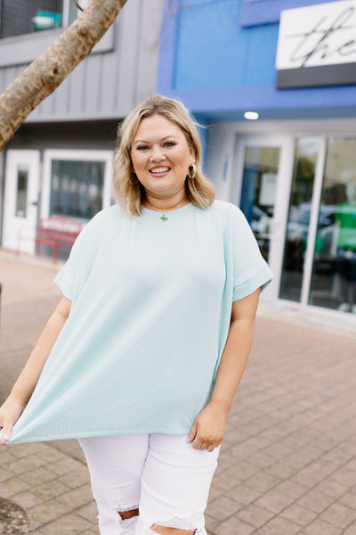 Aqua Ribbed Short Sleeve Top