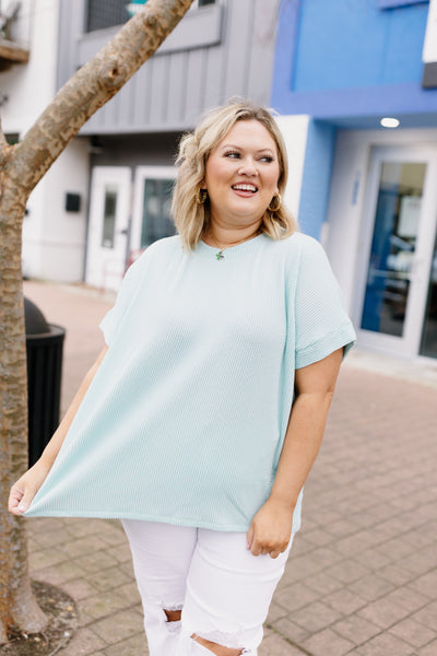 Aqua Ribbed Short Sleeve Top