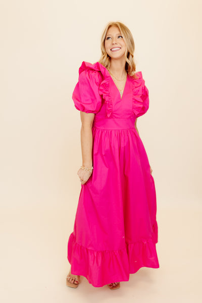 Karlie Fuchsia Solid Poplin Ruffle Puff Sleeve Maxi Dress