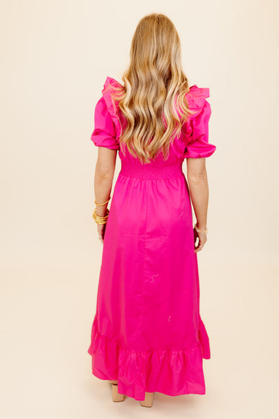 Karlie Fuchsia Solid Poplin Ruffle Puff Sleeve Maxi Dress