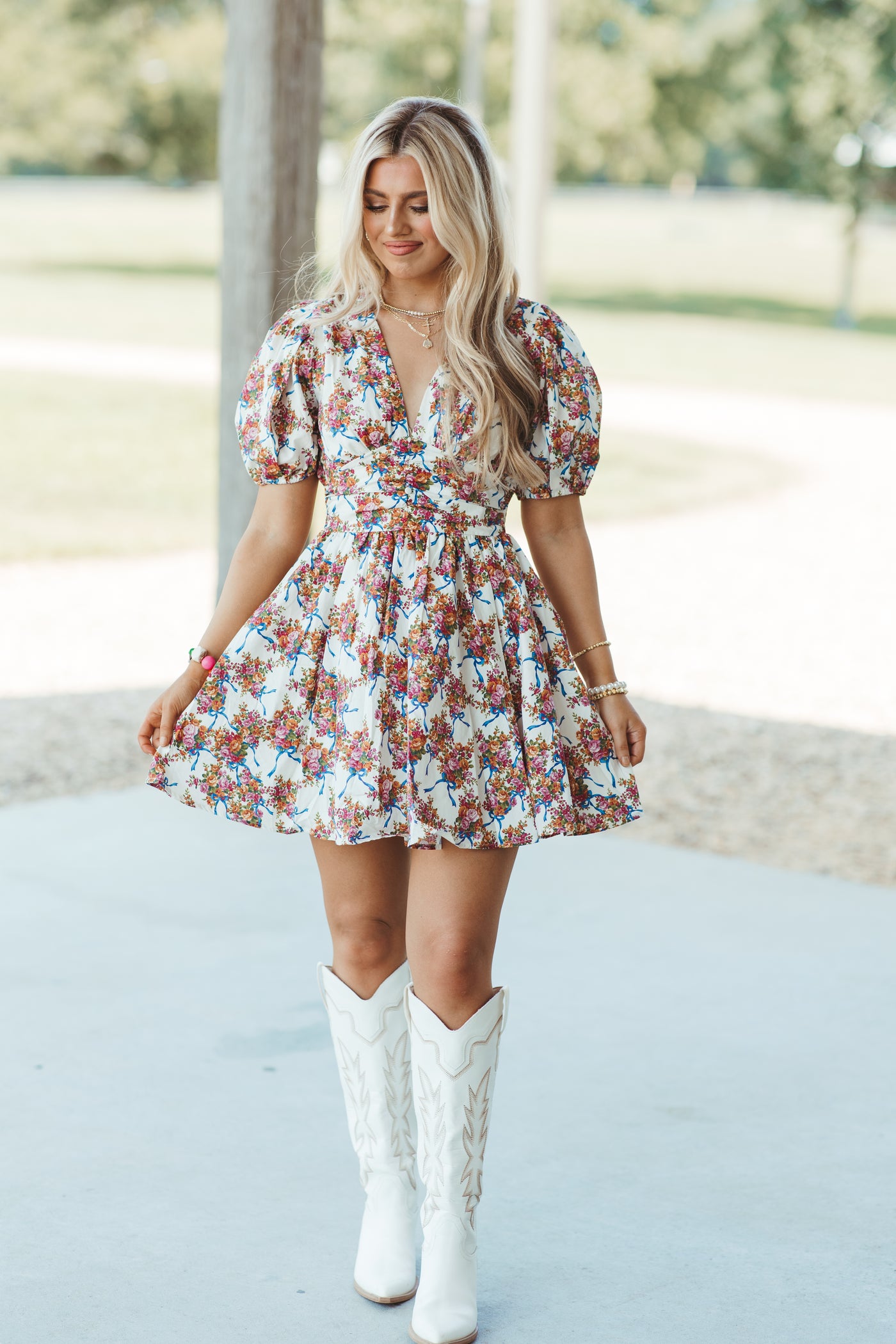 Ivory and Blue Floral Bow Puff Sleeve Dress