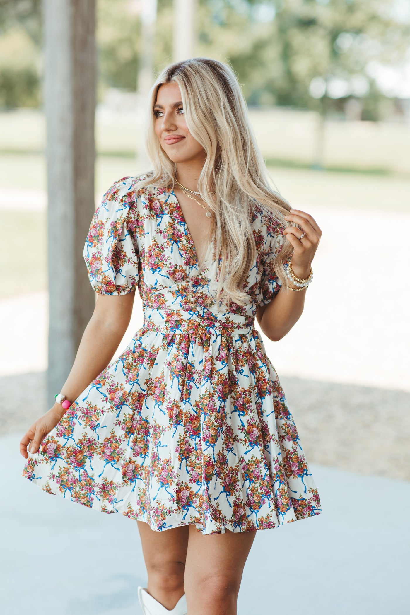 Ivory and Blue Floral Bow Puff Sleeve Dress