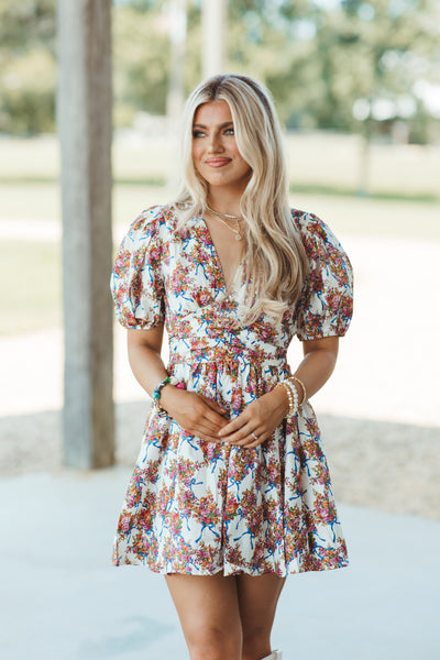 Ivory and Blue Floral Bow Puff Sleeve Dress