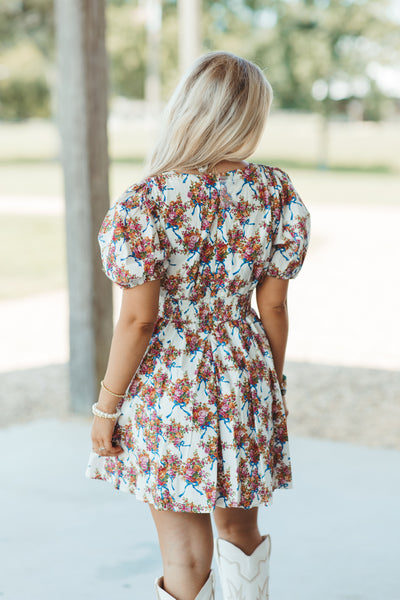 Ivory and Blue Floral Bow Puff Sleeve Dress