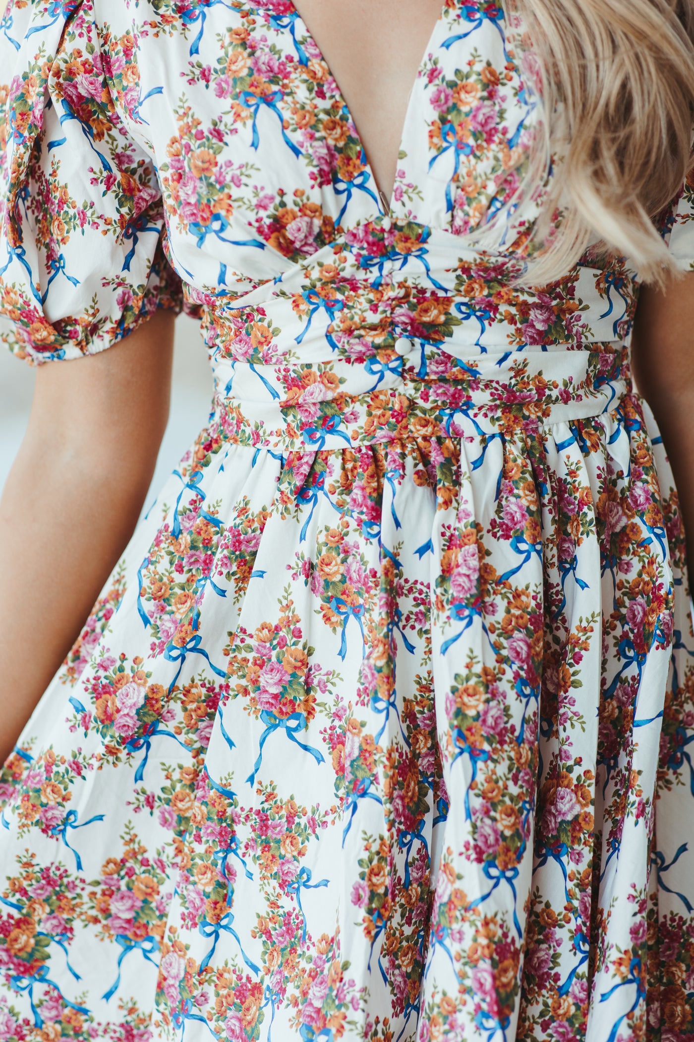 Ivory and Blue Floral Bow Puff Sleeve Dress