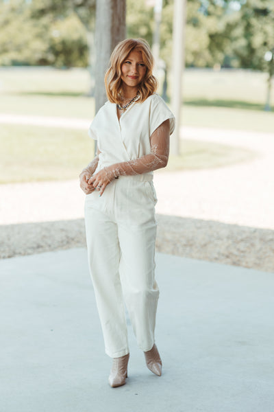 Cream Collared Wrap Front Tapered Jumpsuit