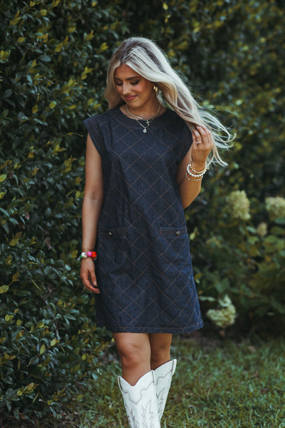 Dark Denim Round Neck Contrast Stitch Mini Dress