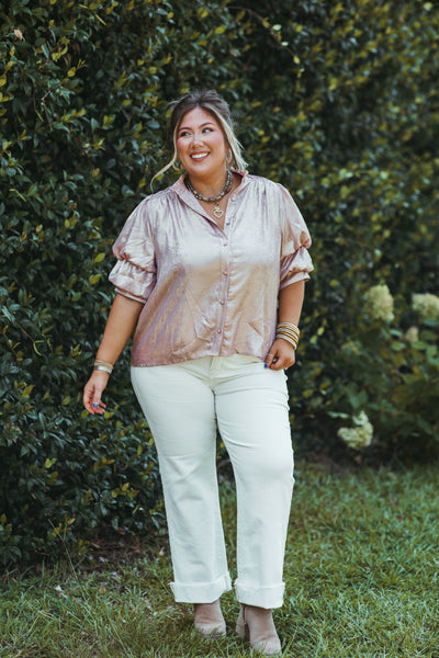 Blush Foil Button Down Short Sleeve Blouse