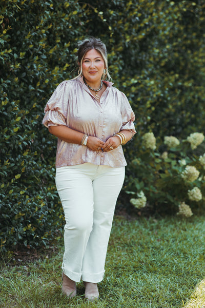 Blush Foil Button Down Short Sleeve Blouse