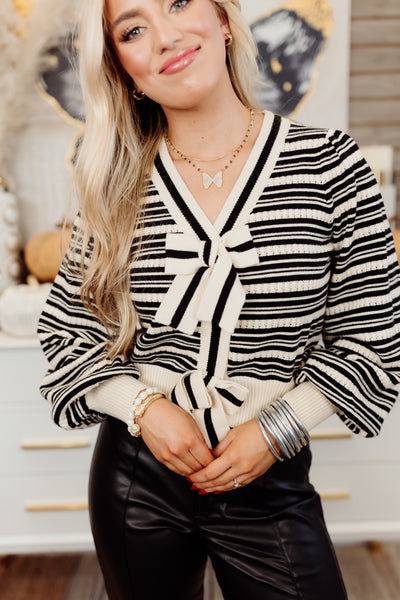 Black Striped Bow Detail Cardigan