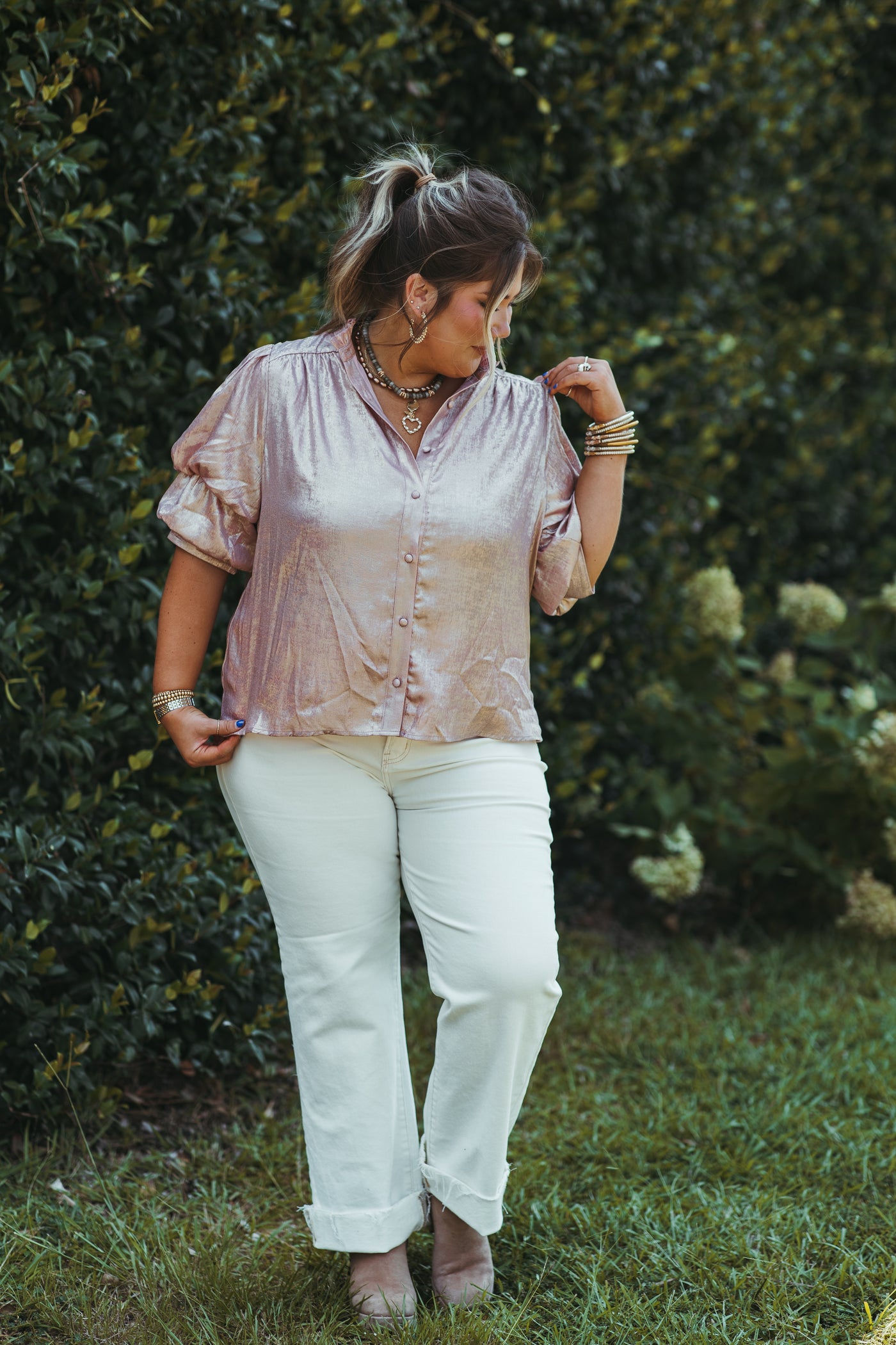 Blush Foil Button Down Short Sleeve Blouse