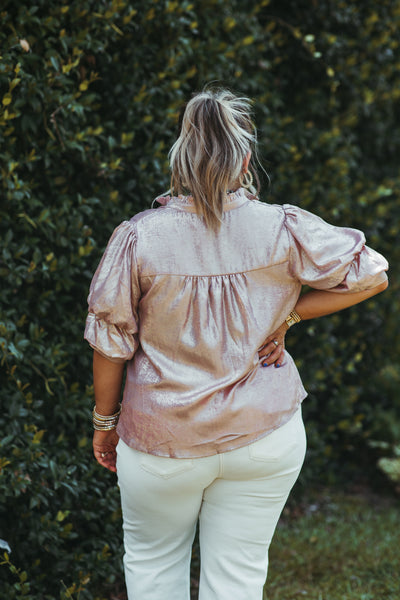 Blush Foil Button Down Short Sleeve Blouse