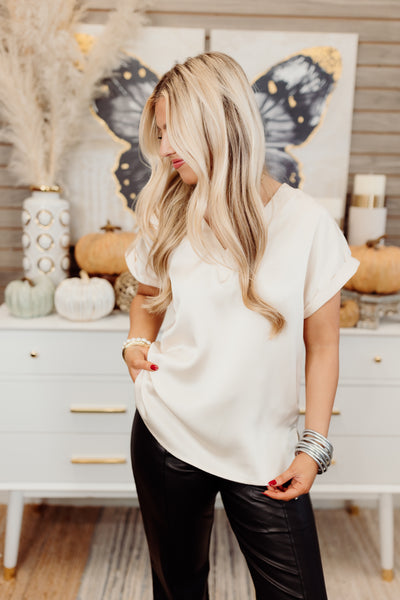 Cream V-Neck Cap Sleeve Satin Blouse