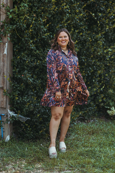 Navy Multi Printed Long Sleeve Button Down Dress