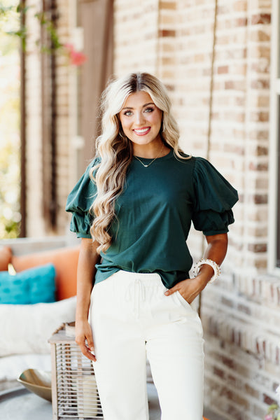 Hunter Green Solid Bubble Sleeve Top