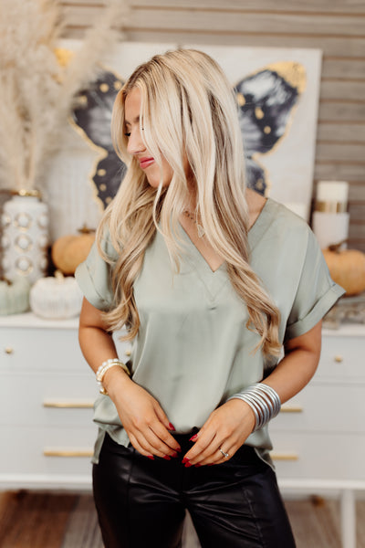 Sage V-Neck Cap Sleeve Satin Blouse