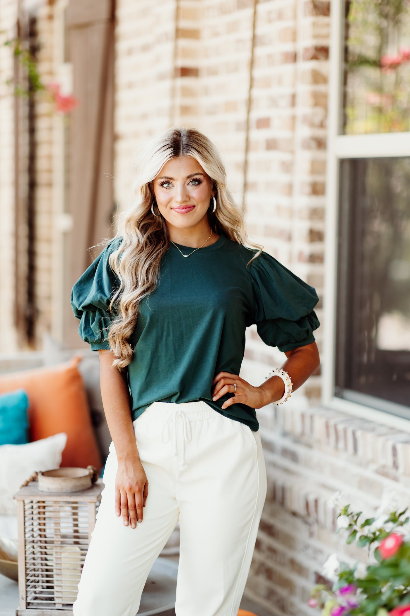 Hunter Green Solid Bubble Sleeve Top