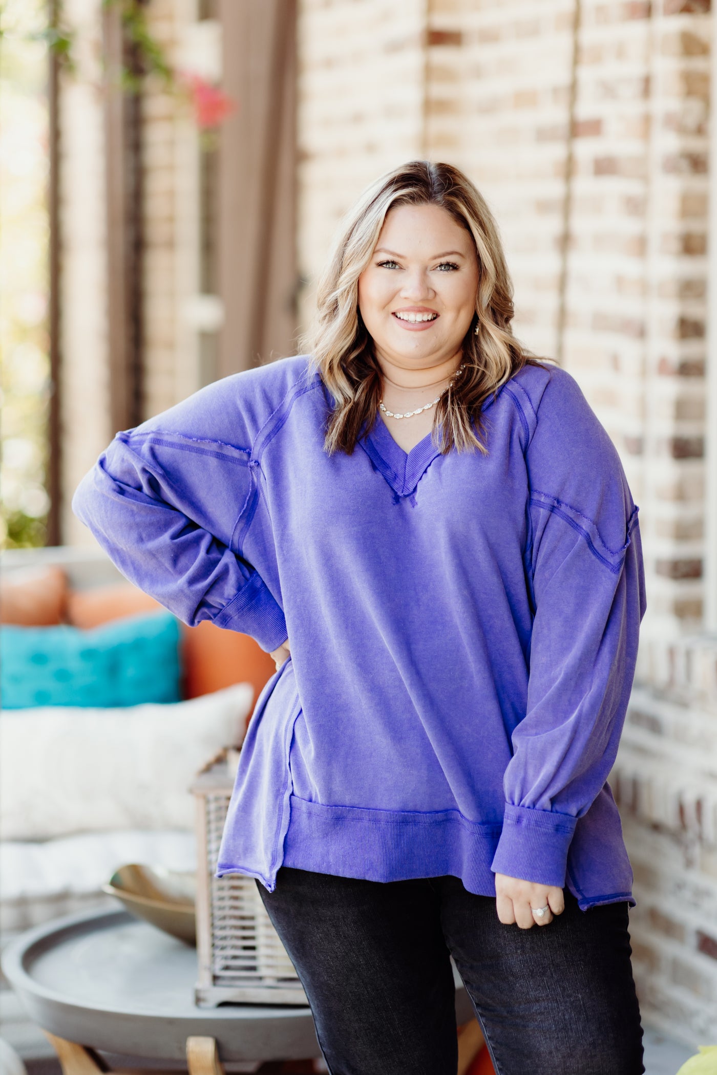 Purple Mineral Washed Oversized V-Neck Terry Pullover