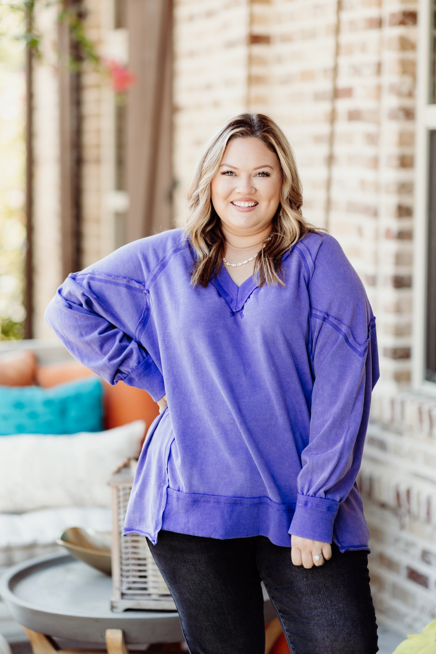 Purple Mineral Washed Oversized V-Neck Terry Pullover