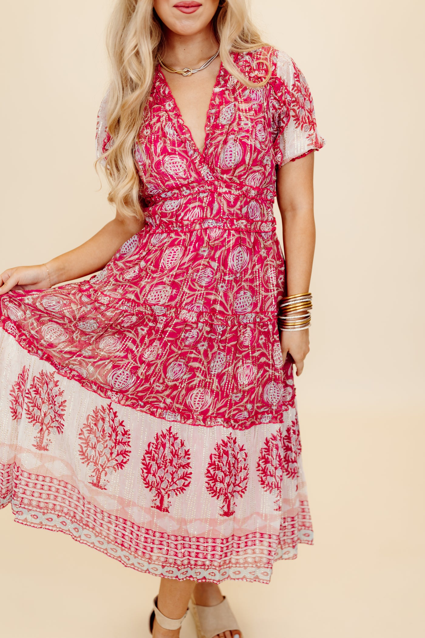 Ash & Eden Pink Saba Midi Tiered Dress