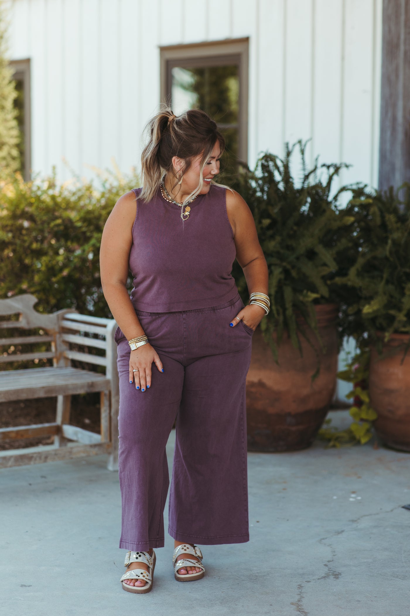 Z Supply Jersey Muscle Tank and Flare Pant Set in Cocoa Berry