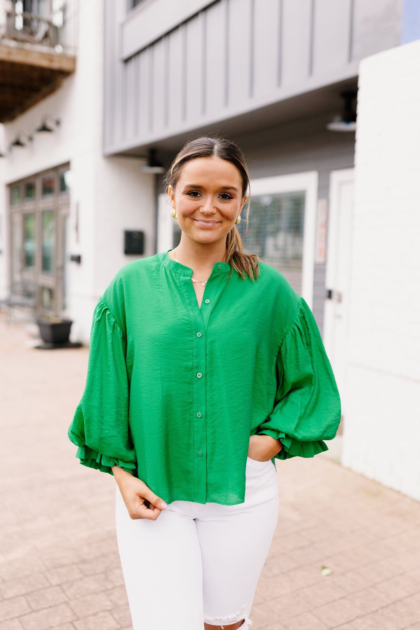 Kelly Green Puff Sleeve Button Down Blouse