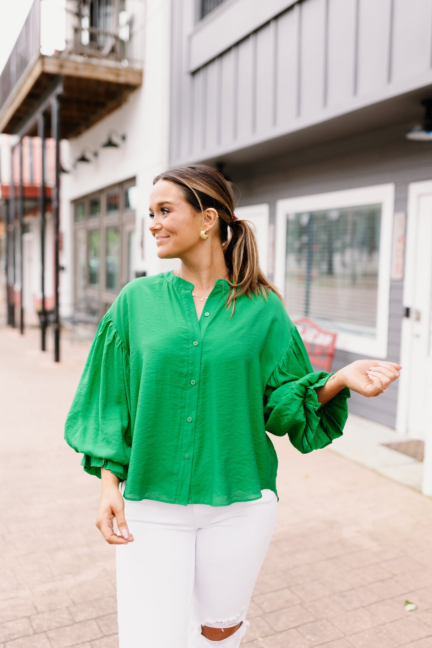 Kelly Green Puff Sleeve Button Down Blouse