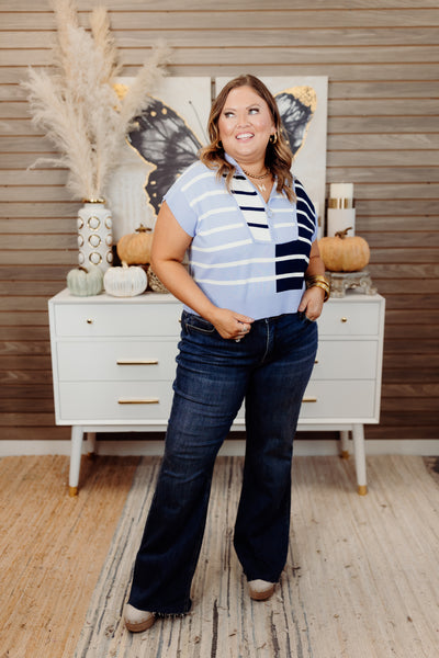 Blue Multi Striped Colorblock Cropped Short Sleeve Top