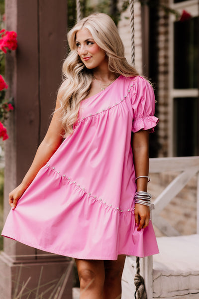 Pink One Shoulder Faux Leather Dress