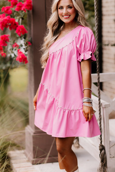 Pink One Shoulder Faux Leather Dress