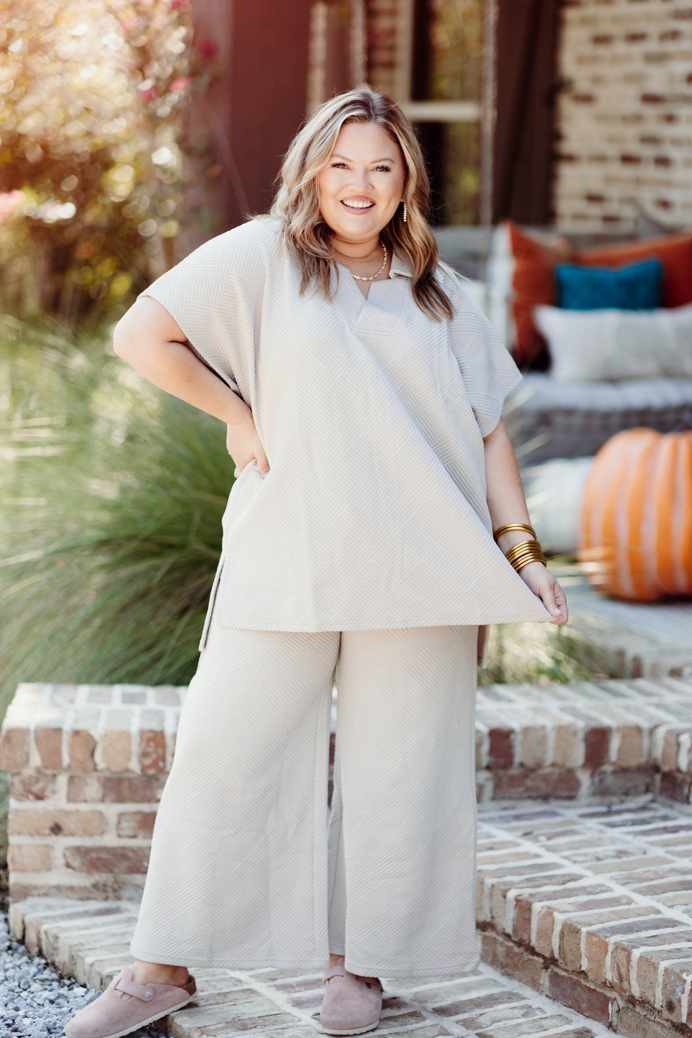 Oatmeal Textured Collared Top and Pant Set