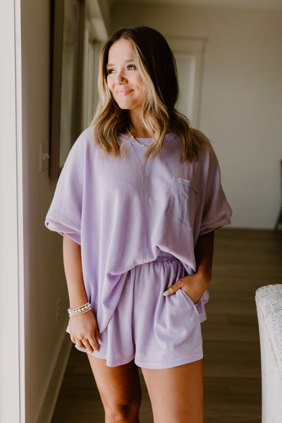 Lavender Contrast Rib Thermal Lounge Tee and Short Set