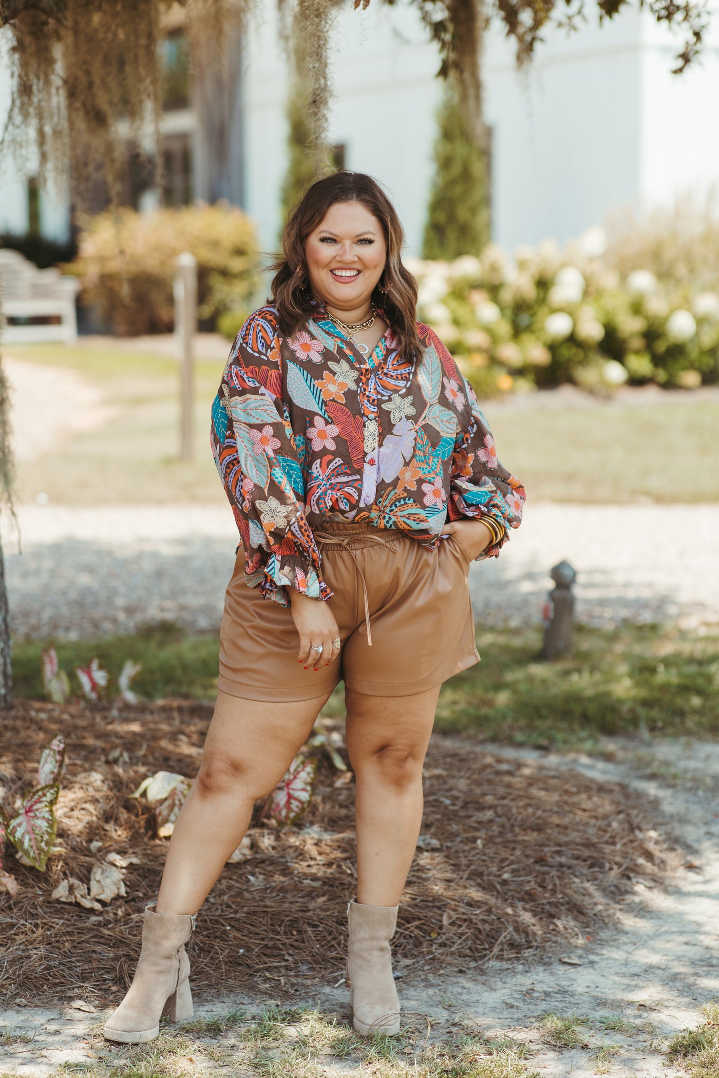 Brown Multi Floral Bubble Sleeve V-Neck Blouse