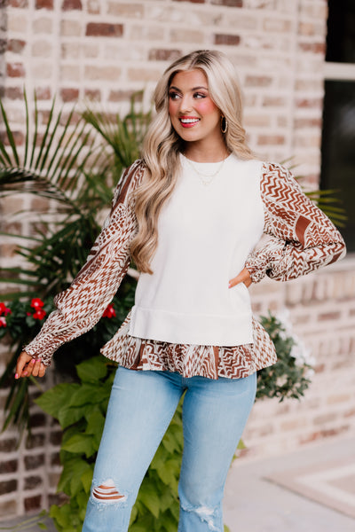 Cream and Brown Contrast Knit Patterned Layer Top