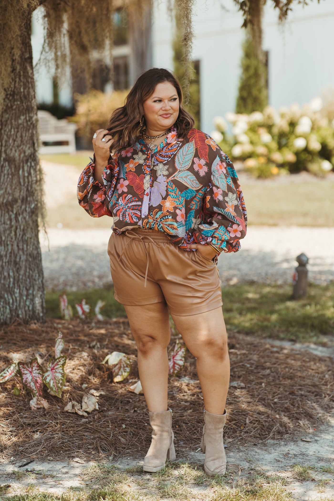 Brown Multi Floral Bubble Sleeve V-Neck Blouse