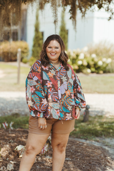 Brown Multi Floral Bubble Sleeve V-Neck Blouse