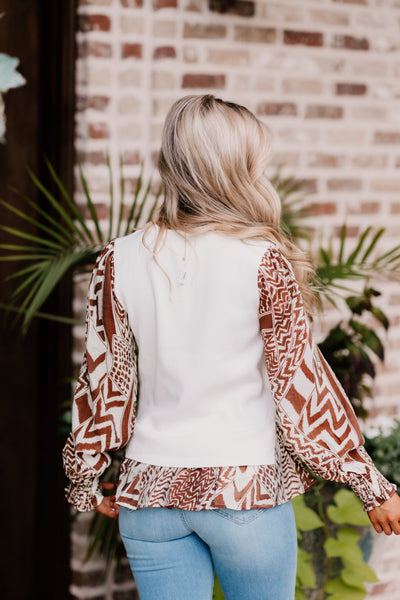Cream and Brown Contrast Knit Patterned Layer Top