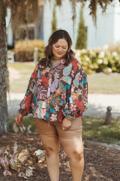 Brown Multi Floral Bubble Sleeve V-Neck Blouse