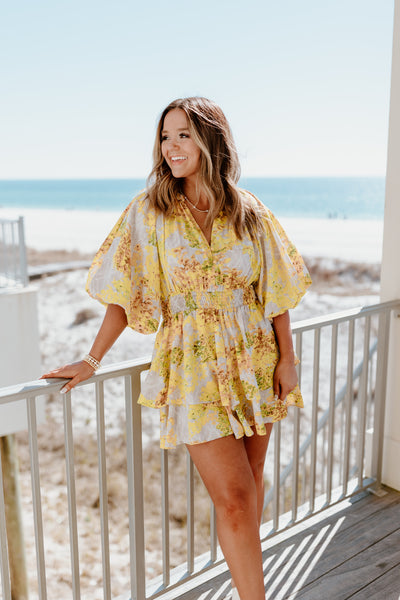 Yellow Floral Smocked Waist Tiered Romper