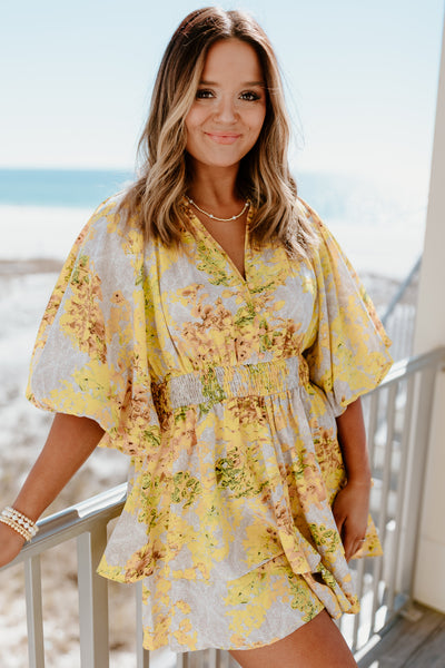Yellow Floral Smocked Waist Tiered Romper