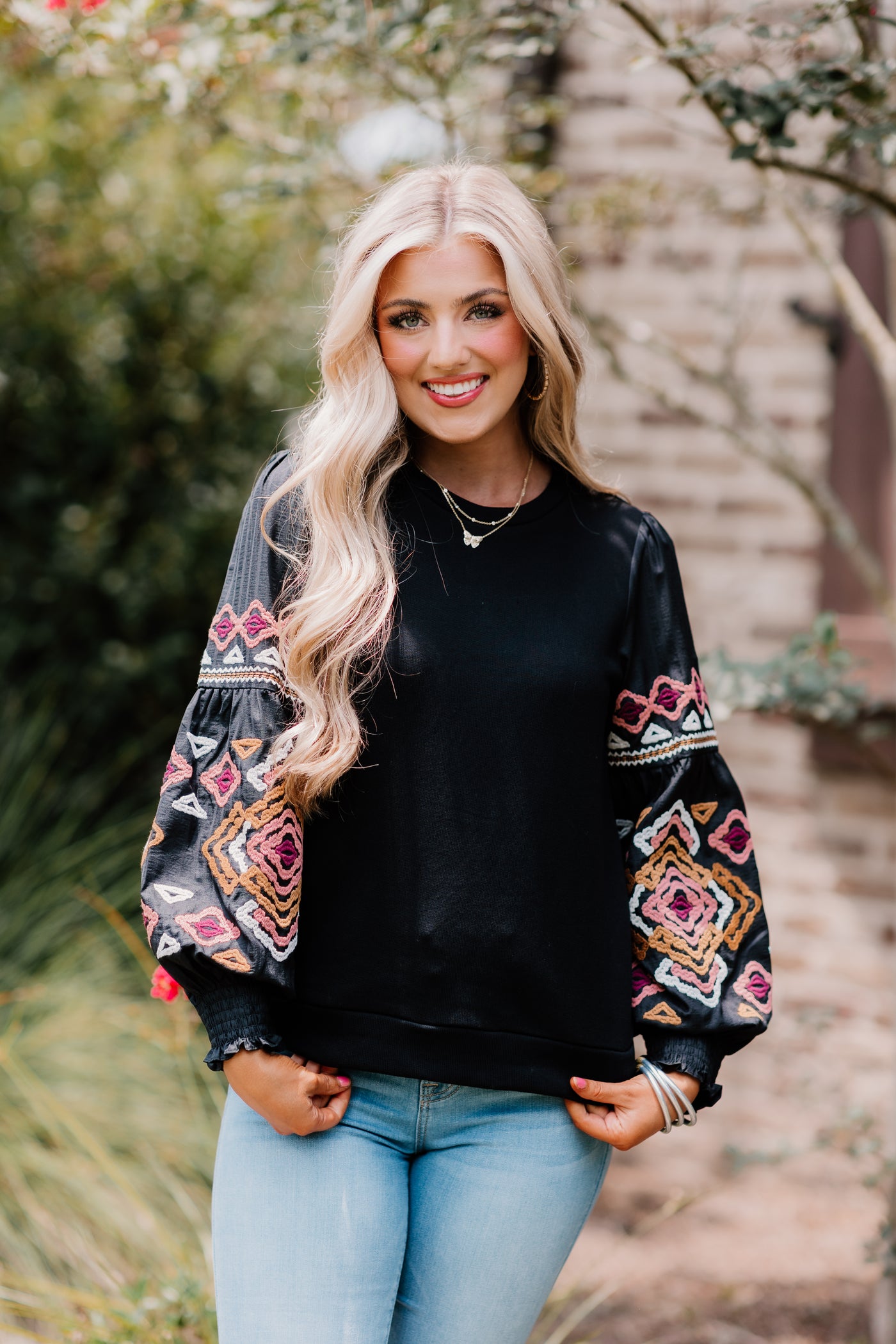 Black Embroidered Sleeve Knit Blouse
