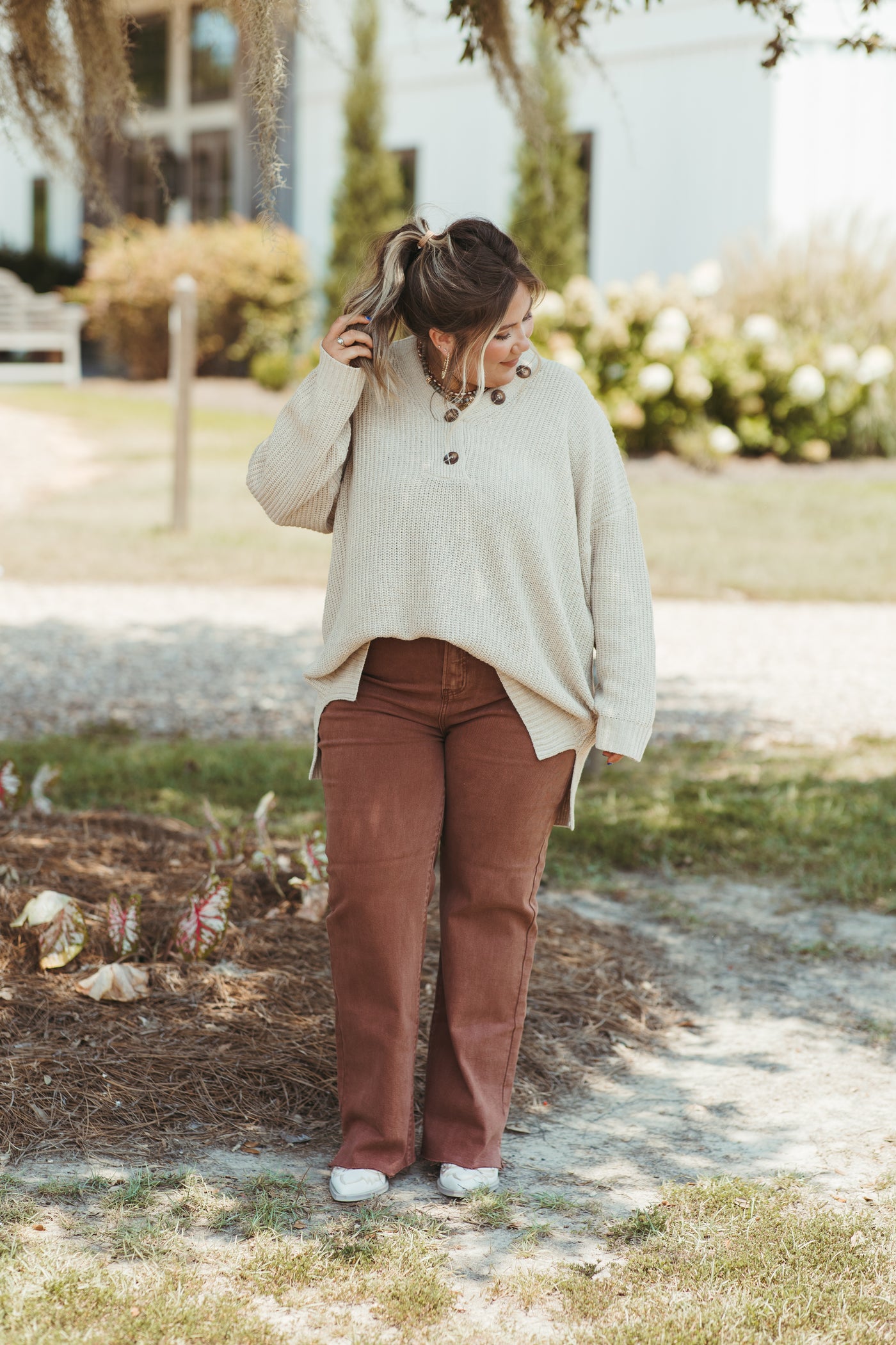 Oatmeal Solid Knit Button Detail Sweater