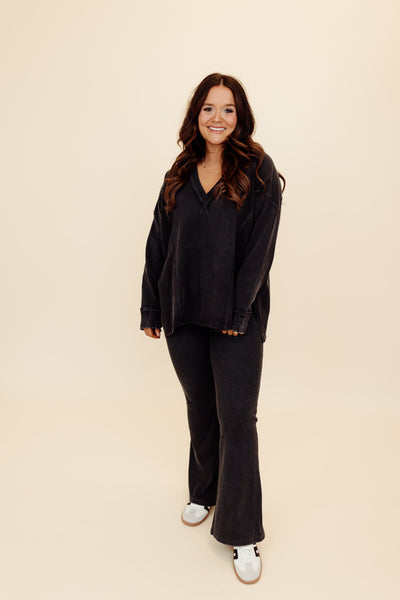 Washed Charcoal Ribbed V-Neck Pullover and Pant Set