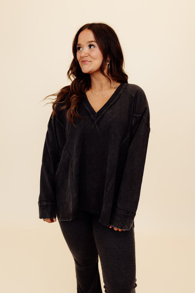 Washed Charcoal Ribbed V-Neck Pullover and Pant Set