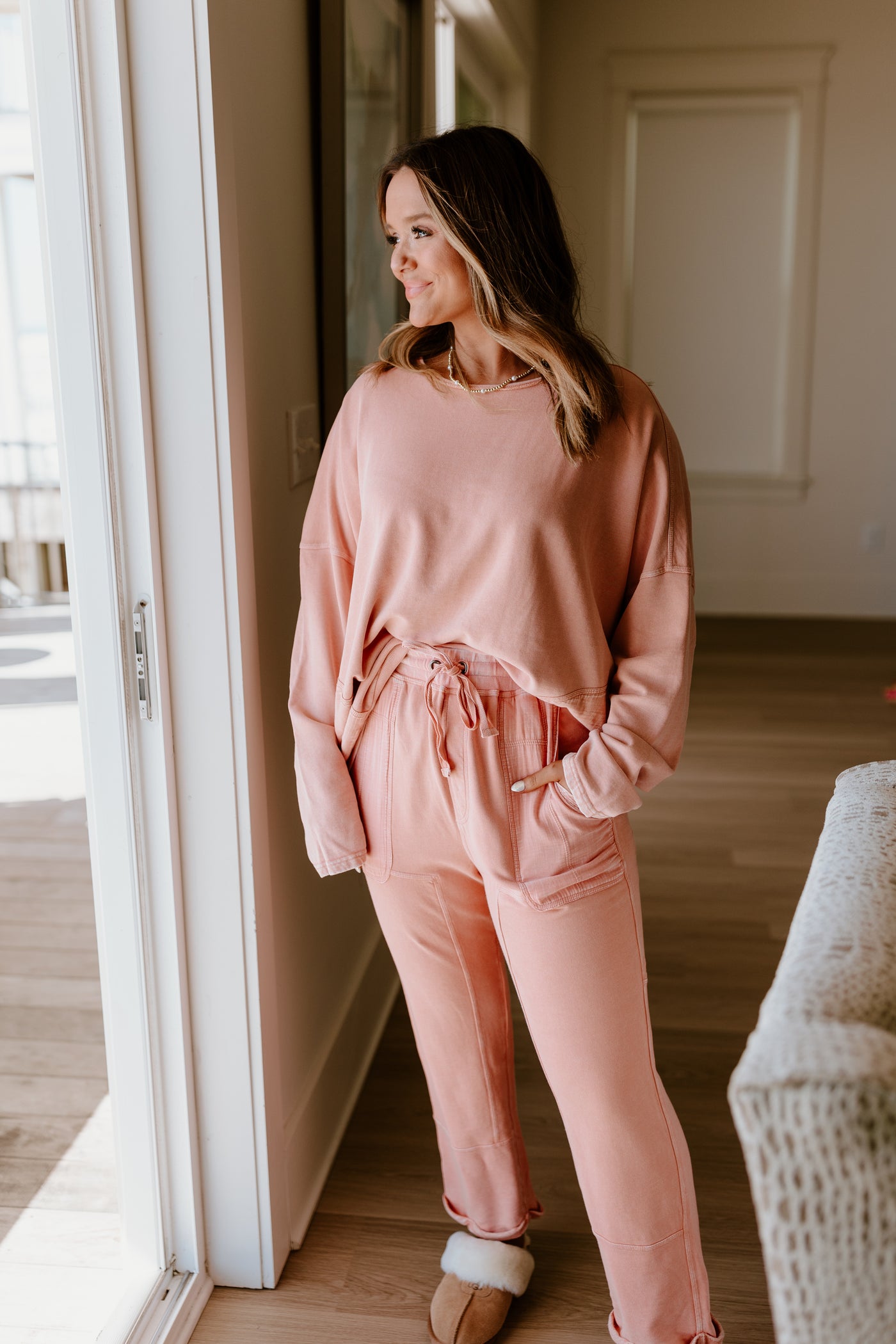 Coral Pink Mineral Wash Terry Pullover Set