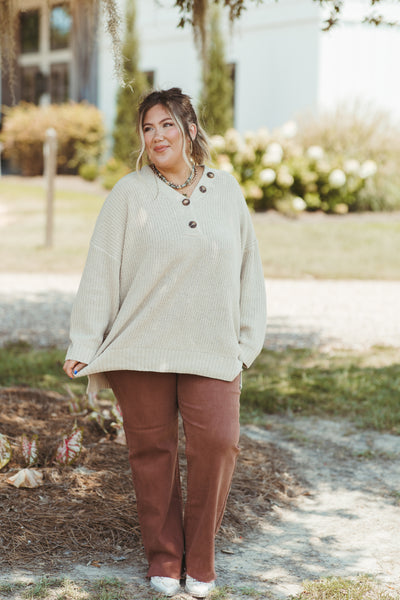 Oatmeal Solid Knit Button Detail Sweater