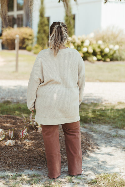 Oatmeal Solid Knit Button Detail Sweater