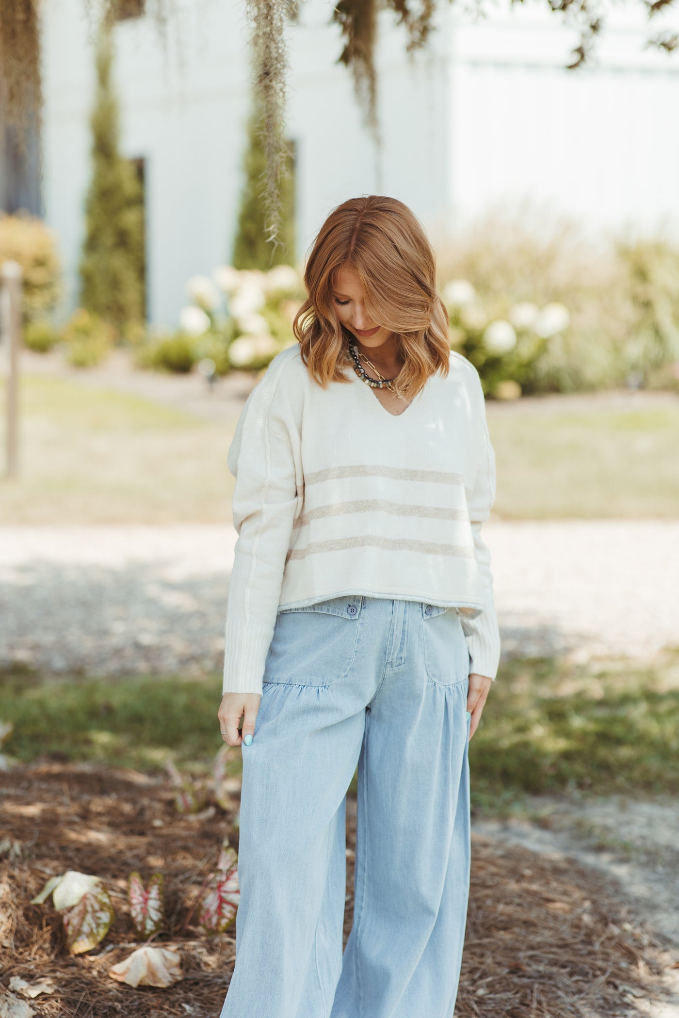 Cream Multi Striped Cropped Loose Fit Sweater